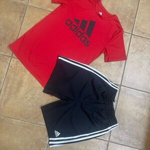 Adidas Red T-Shirt and Black Shorts Set Boys- Medium